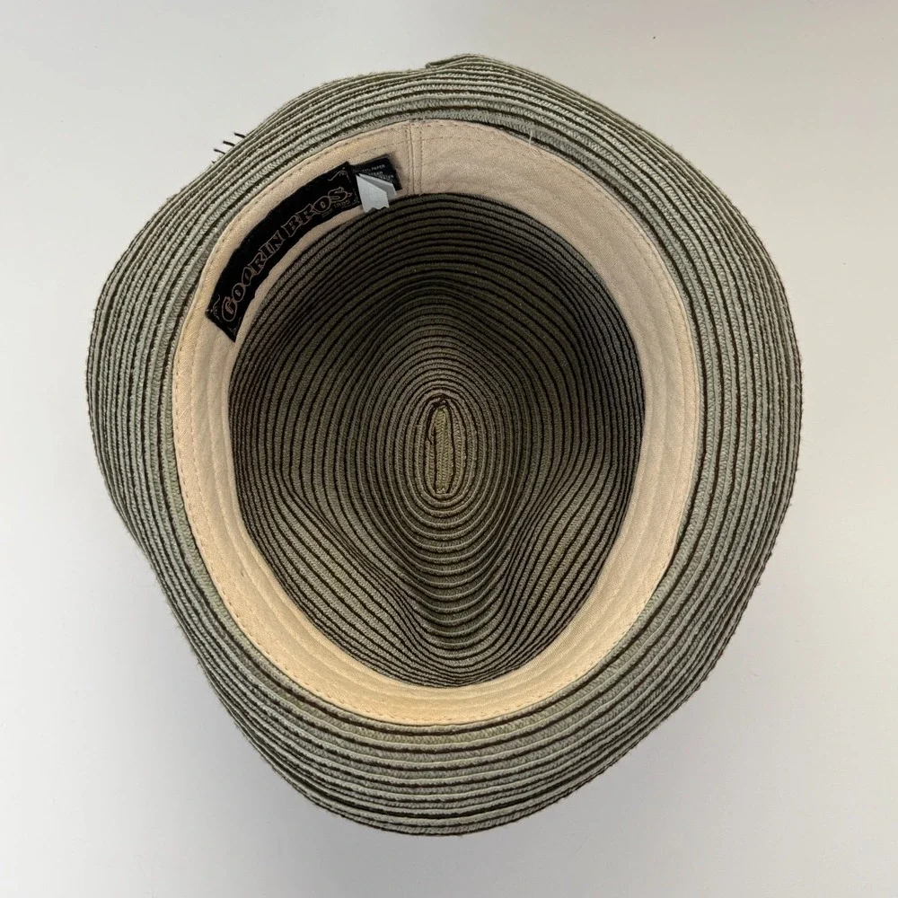 GOORIN BROS Tan Paper Straw Fedora Hat Adult Large Striped Ribbon‎ Brown Blue